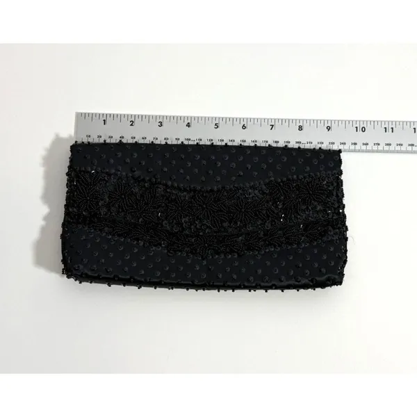 Vtg‎ Black Beaded Satin Evening Clutch Micro Bead Flowers Snap Close Hong Kong - Image 10