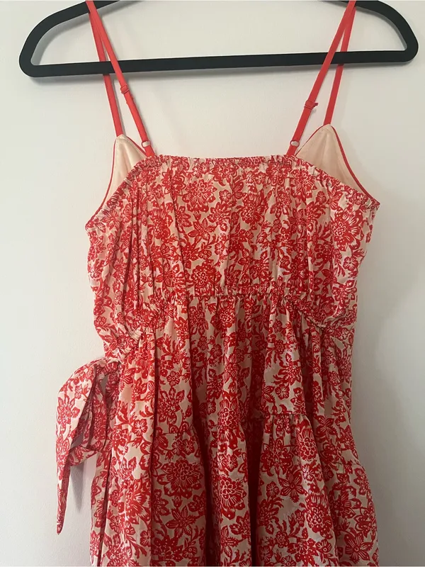Red Cream Floral Wrap Mini Dress Small Tie Waist Beachy Resort Vacation Summer - Image 8