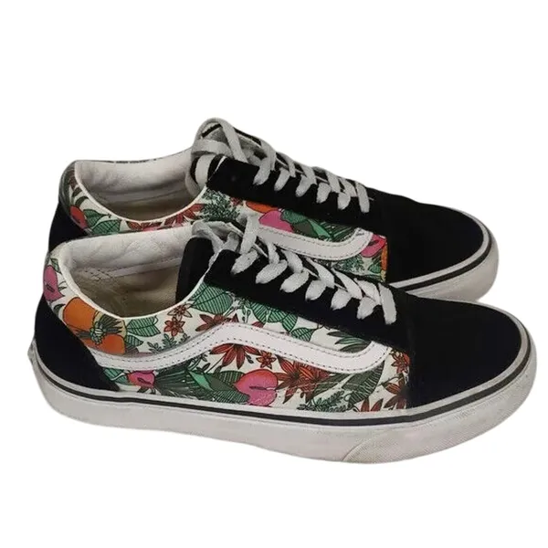 Vans floral Black White Skate Shoes Size US 7 - Image 3