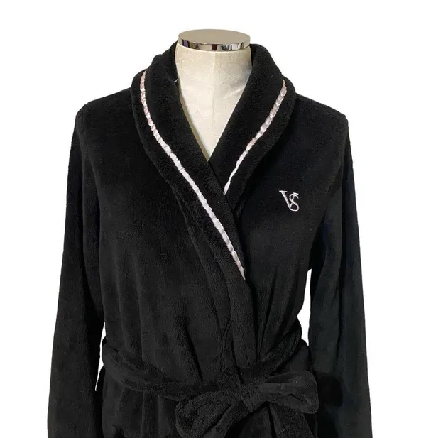 Victoria's Secret Women's Black Plush Hooded with Belt & Embroidered VS Logo M/L - Image 4