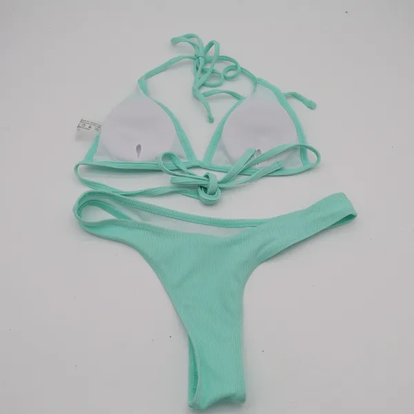 2 Piece Triangle Bikini Set Women S Aqua Ribbed Stretch Spaghetti Strap Swimwear - Image 4