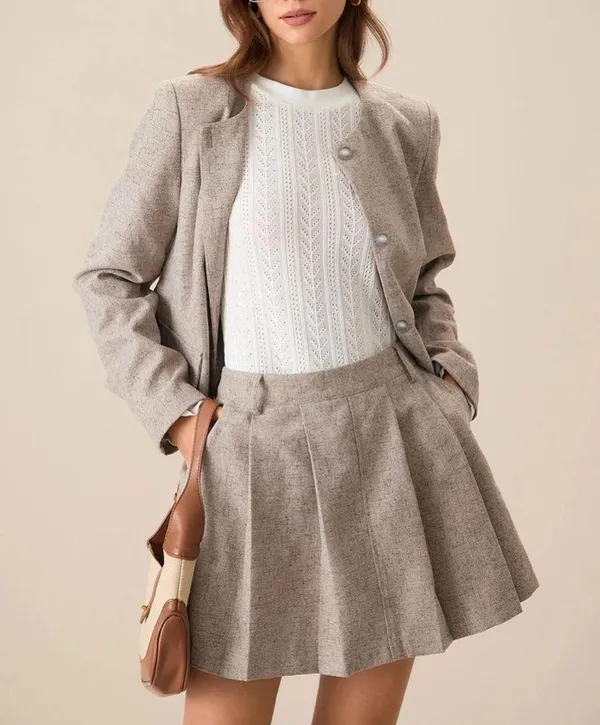 Rihoas Round Neck Khaki Single-Breasted Jacket & Pocket Pleated Mini Skirt - Image 4