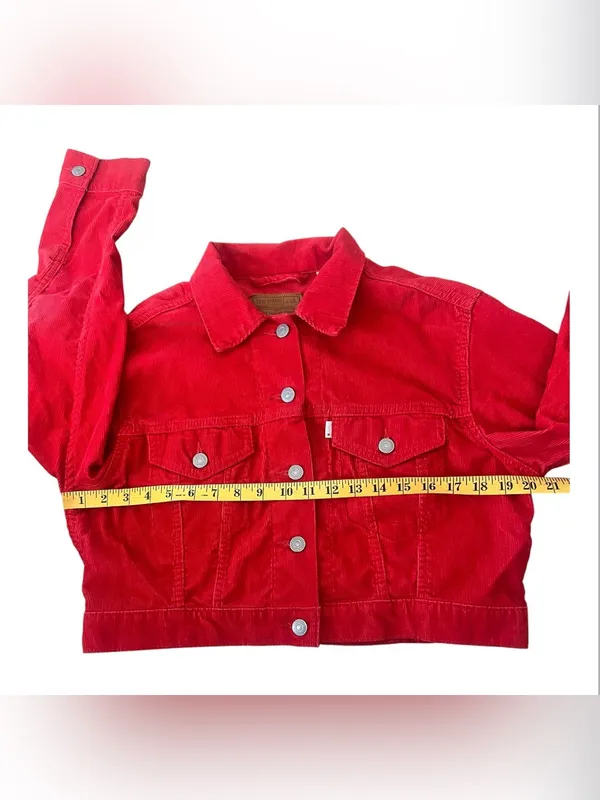 LEVI’S PREMIUM Red Corduroy Cropped Trucker Jacket - Medium White Tab - Image 3