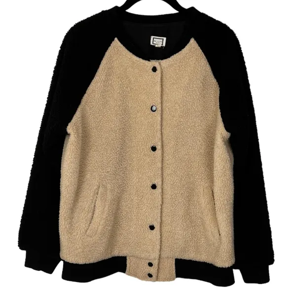 Movint Colorblock Raglan Sleeve Fleece Bomber Jacket L Black Tan Teddy - Image 3