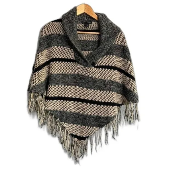 Western Boho Southwestern Fringe Poncho Sweater One Size Tan Gray Aztec Festival - Image 3