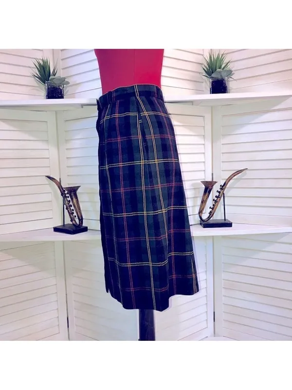 Vintage plaid midi skirt wool high waist USA preppy academia patchwork Heritage - Image 5