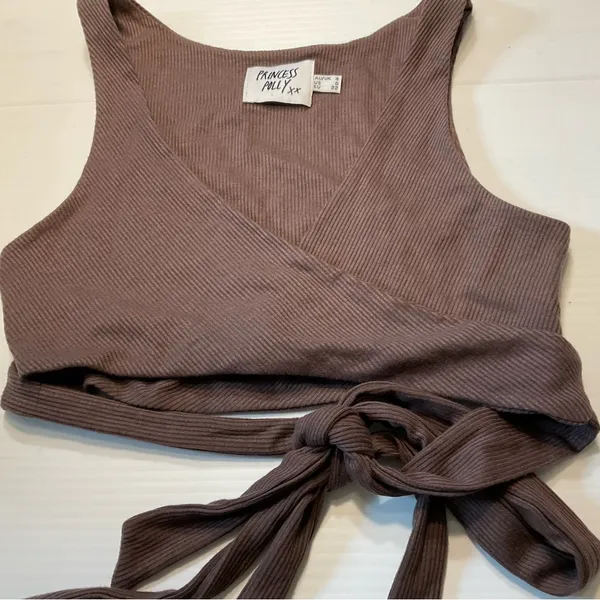 Princess Polly Jaye Top Brown Ribbed Wrap Crop Sz 0 - Image 4