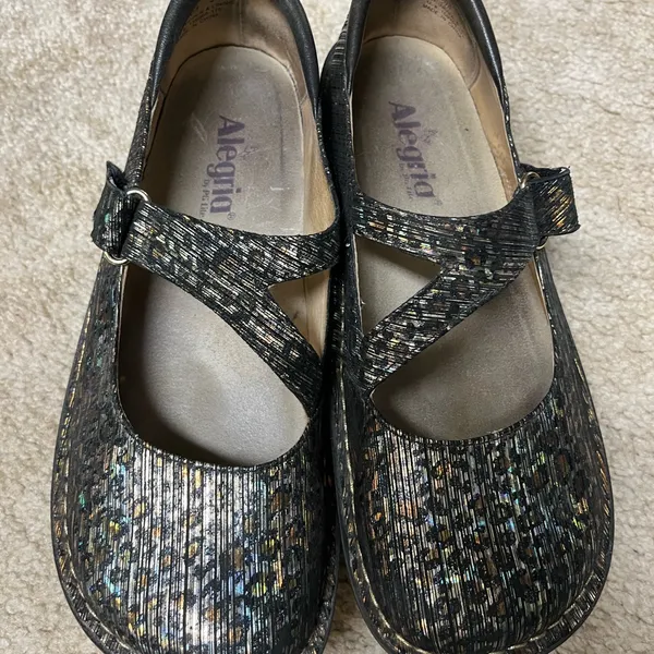 ALEGRIA DAYNA leopard stripes Mary Jane’s SZ 39 metallic NUBUCK— very clean - Image 9