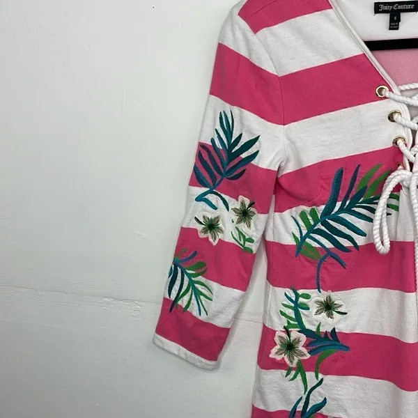 Y2K Juicy Couture Passion Pink/White Stripe Hibiscus Embroidered Dress Small - Image 5