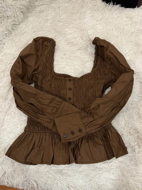 Peppermayo Joyce Long Sleeve Cotton Shirred Top - Chocolate - Image 5