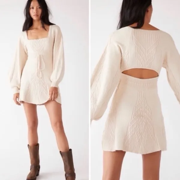 Free people Elegant Cream Knit long sleeve sweater mini Dress, size S - Image 2