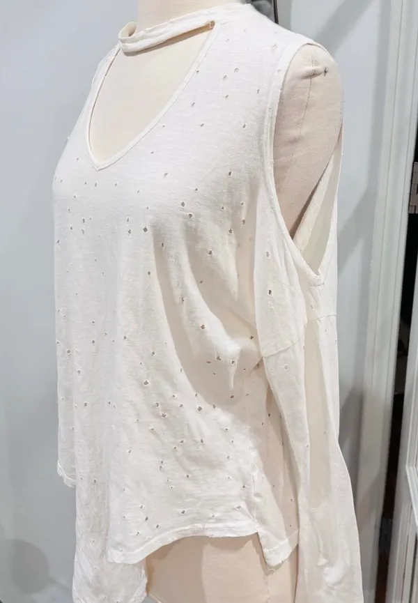 Poof! Distressed Ecru/ Off White Choker Cold-Shoulder Tie-Front Top - Image 2