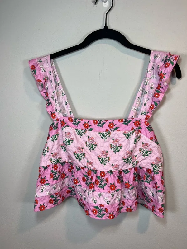 Altar'd State Floral Babydoll Tank Top Pink Red Tiered Ruffles Vacation Sz Large - Image 2