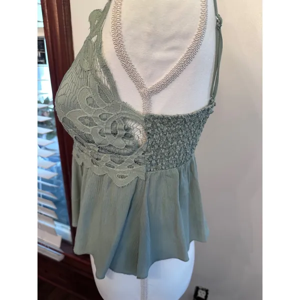 rue21 Fairycore Sage Lace Babydoll Cami Top Smocked Back Cross Straps Large - Image 2