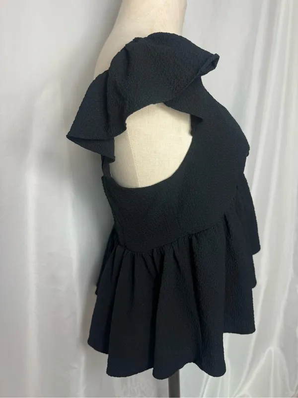 Urban Outfitters Y2K Sierra Black Keyhole Babydoll Ruffle Peplum Crop Blouse L - Image 6