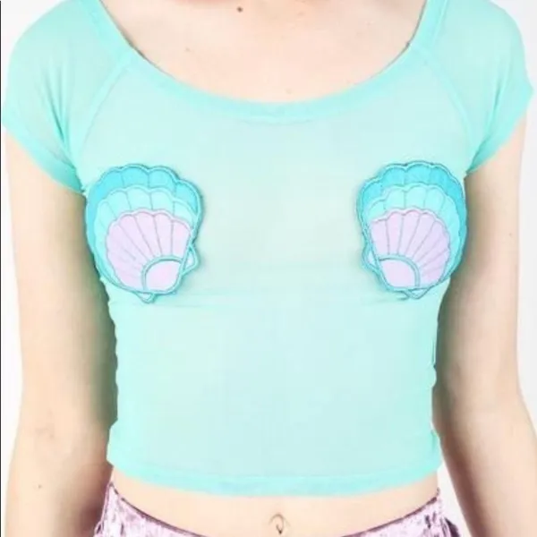 NEW! IRON FIST | MERMAID FOR LIFE | Mesh Crop Top Aqua Seashells Size MEDIUM - Image 4