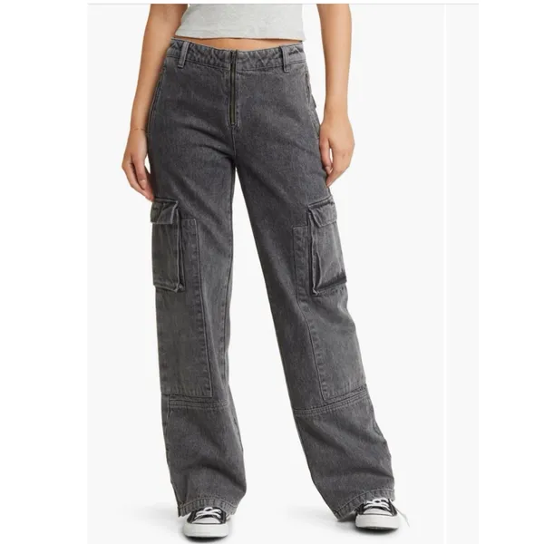 NWOT PTCL High Waist Wide Leg Cargo Jeans in Black Wash SZ-23 - Image 2
