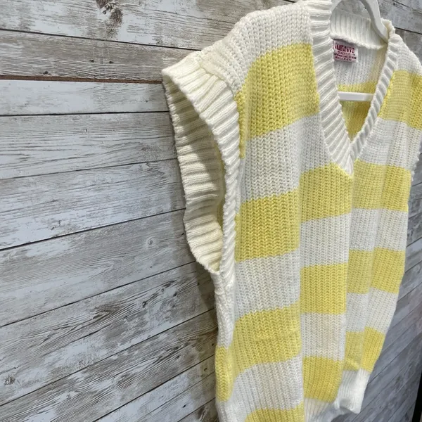 Vtg 90's Janenits Womens M Vest Sweater Striped Yellow & White V-Neck Preppy USA - Image 2