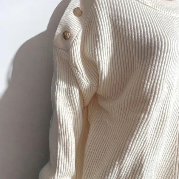 Women’s Cream Ribbed Knit Sweater Button Shoulder Detail Long Sleeve - Image 7