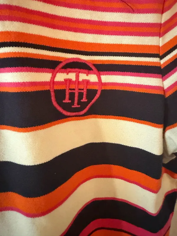 Tommy Hilfiger Pink, Orange, Black & White Striped Zip Polo - Image 3