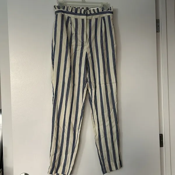 NWT Express High Rise Paperbag Ankle Pants Cream Blue Stripe Size 4 - Image 4