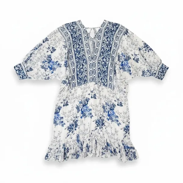 Lulus Blue and White Floral Toile Print Ruffled Mini Dress Large NWT Boho V-Neck - Image 3