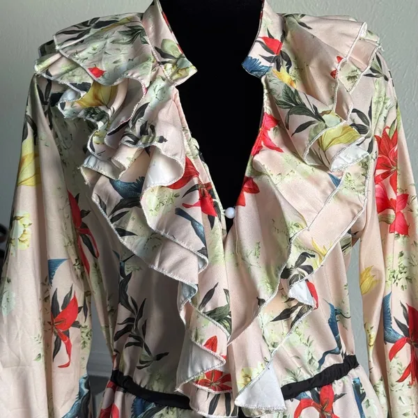 Women's Floral Print Ruffle Long Robe Duster Kimono Beach Cover-Up Tie Belt - Image 2