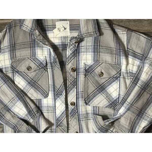 NWT Aerie Plaid Shacket Jacket Cream Blue Gray‎ Large Oversized Cozy Heavyweight - Image 3