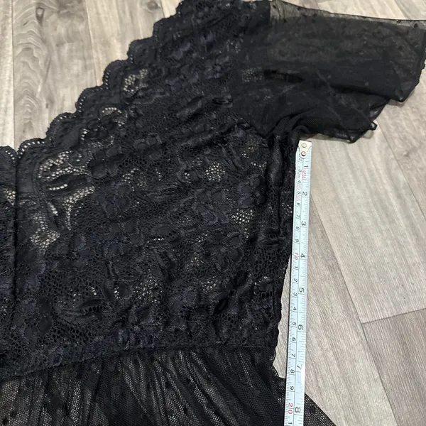 Vintage Y2K Black Sheer Swiss Dot Lace Flutter Sleeve Mini Slip Dress M - Image 5