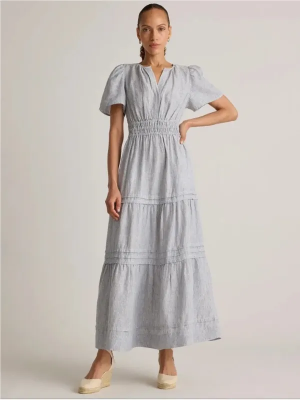 Quince 100% European Linen Tiered Maxi Dress Blue Pinstripe - Image 2