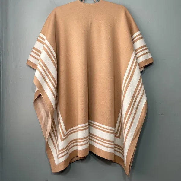 Minimalist Womens One Size Tan Brown White Stripe Sweater Cape Western Chic Boho - Image 4