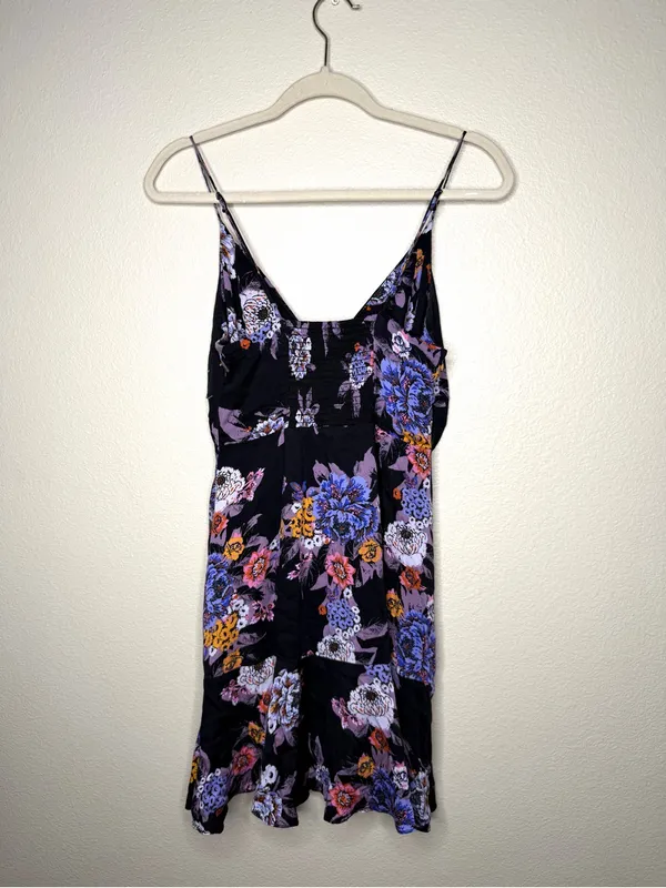 Free People Women Happy Heart Floral Mini Dress S Black Purple Ruched Tie Front - Image 5