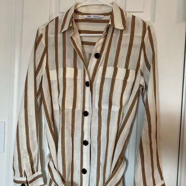 ZARA boho cream tan striped linen buttoned belted collared shirt midi dress XS - Image 6