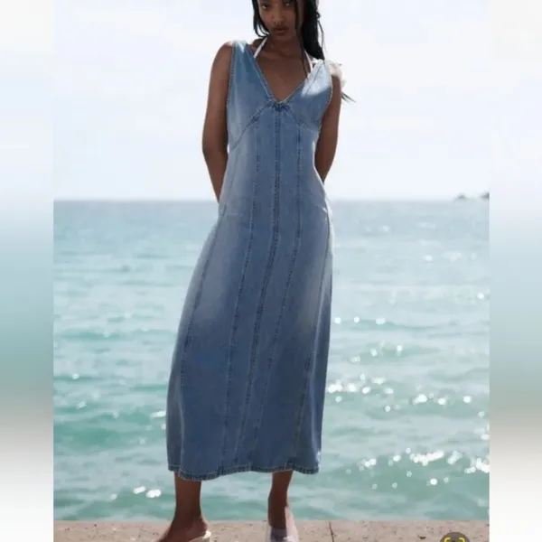 Zara Oversized Denim Seamed V Neck Sleeveless Midi Dress Side Zip Up S Blue Wash - Image 5
