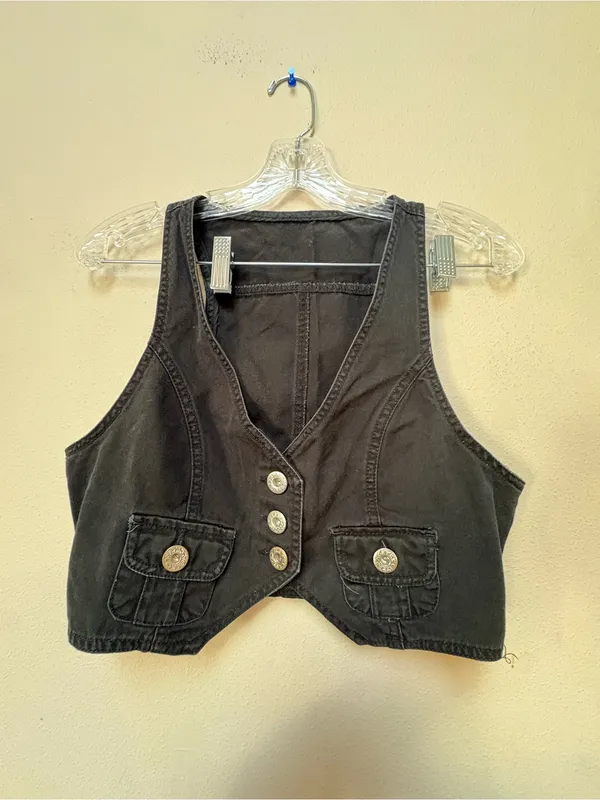 Y2K Style Washed Black Military Vest Medium Cropped Gold Button Utility - Image 5