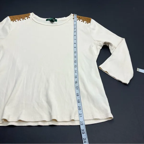 Lauren Ralph‎ Lauren Ribbed Top Cream Brown Faux Suede Patch Medium Western FLAW - Image 7