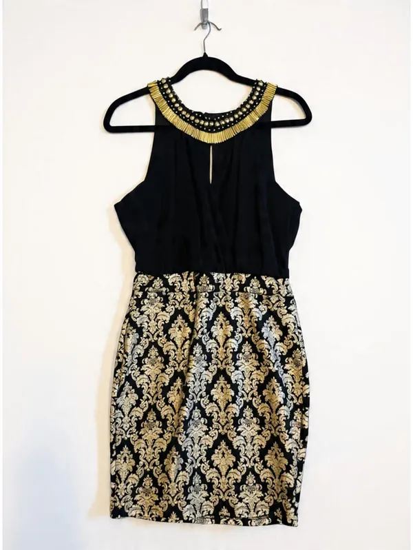 Women's XS Black Gold Brocade Beaded Collar Cocktail Dress - Image 2