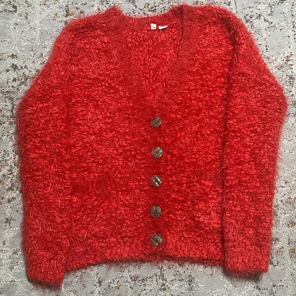 Anthropologie Moth sweater Red Emilie Wool blend Fuzzy Oversized button Size S - Image 14