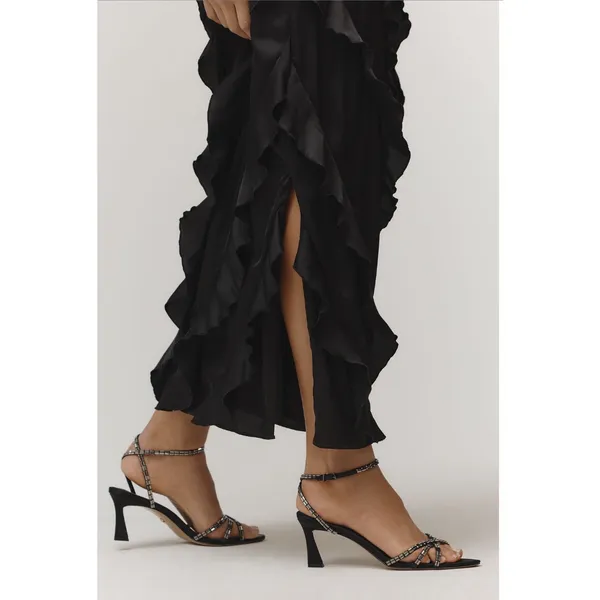 Anthropologie NWT Black‎ Bias Cut Ruffled Satin Midi Dress Size Medium - Image 3