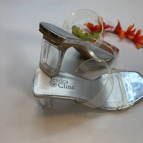 Jessica Cline Silver Metallic Clear Strap Block Heel‎ Slide Sandals Square Toe 7 - Image 8