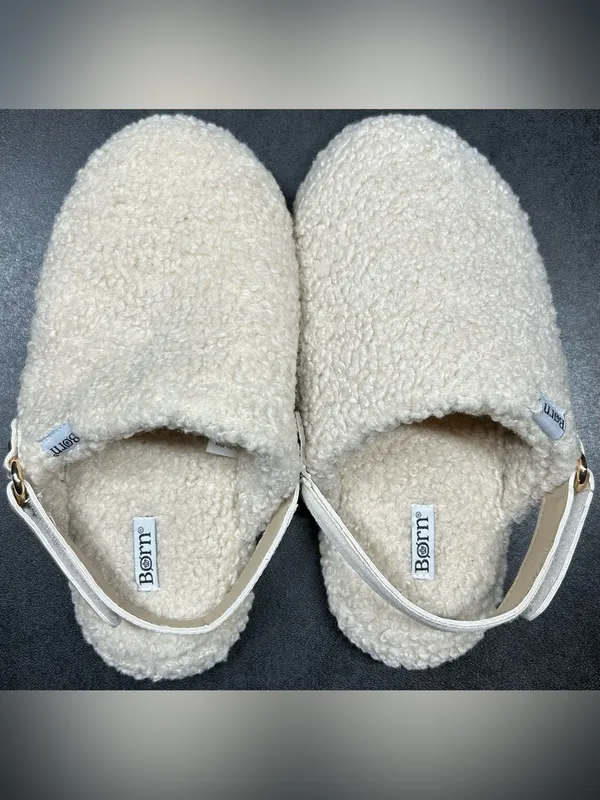 Born Women’s Size S 6-7 White Sherpa Slip On Adjustable Strap Mule Slippers - Image 6
