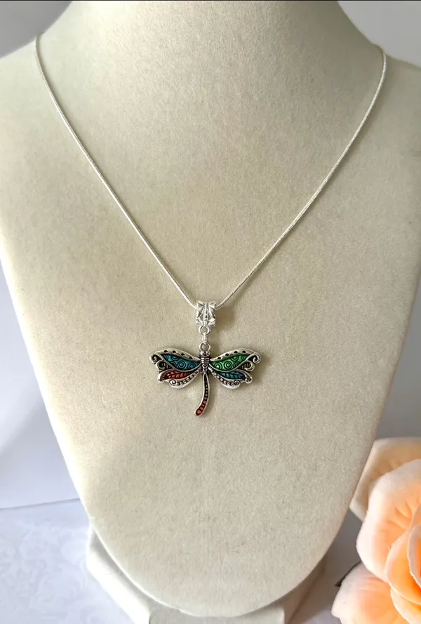 Colorful Dragonfly Necklace (588) Silver - Image 3