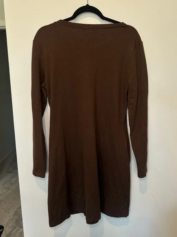 Women's Brown Long Sleeve Scoop Neck Button Side Tunic Dress Size M - Image 3