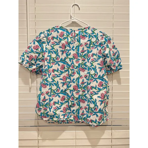 J.Crew Floral Puff Sleeve Top Womens Medium White Blue Pink Smocked Boho Blouse - Image 3