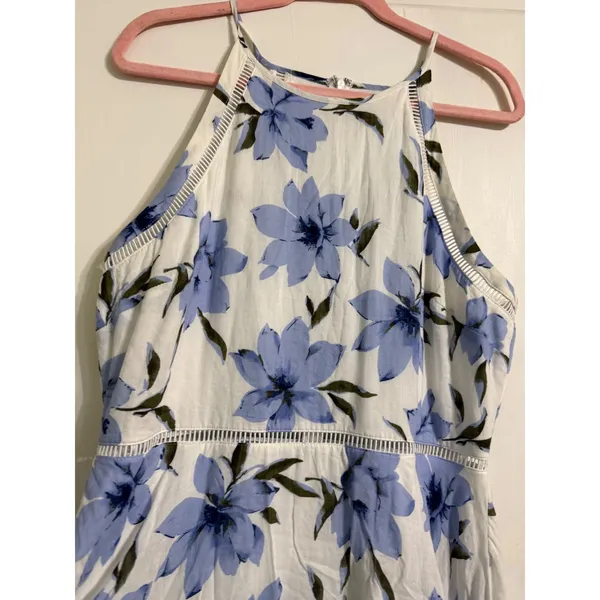 Lulus Blue White Floral Halter Midi Dress Handkerchief Hem Ladder‎ Lace XL - Image 2