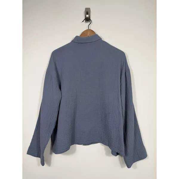 H&M Blue Cotton Gauze Button Front Shirt Oversized Pocket Medium - Image 2