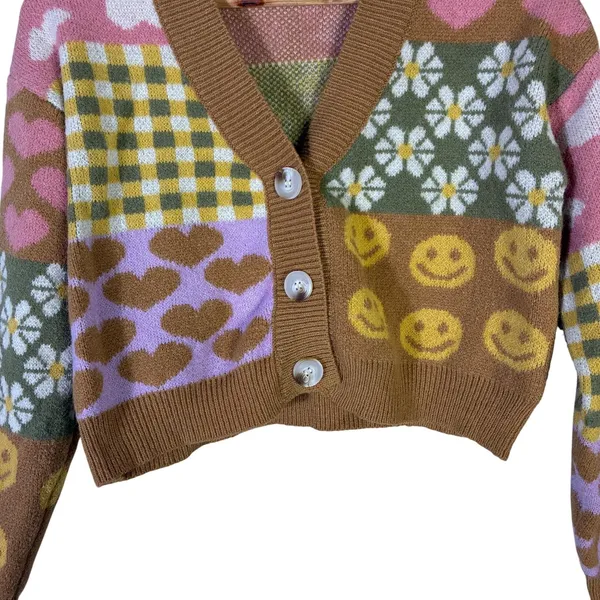 Debut Quirky Patchwork Cropped Cardigan Womens XS Brown Pink Retro Indie Whimsy - Image 5