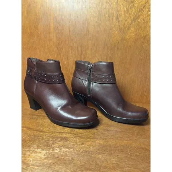 Clarks Dark Brown Leather Ankle Boots Studded Strap Side Zip Size 9 - Image 6