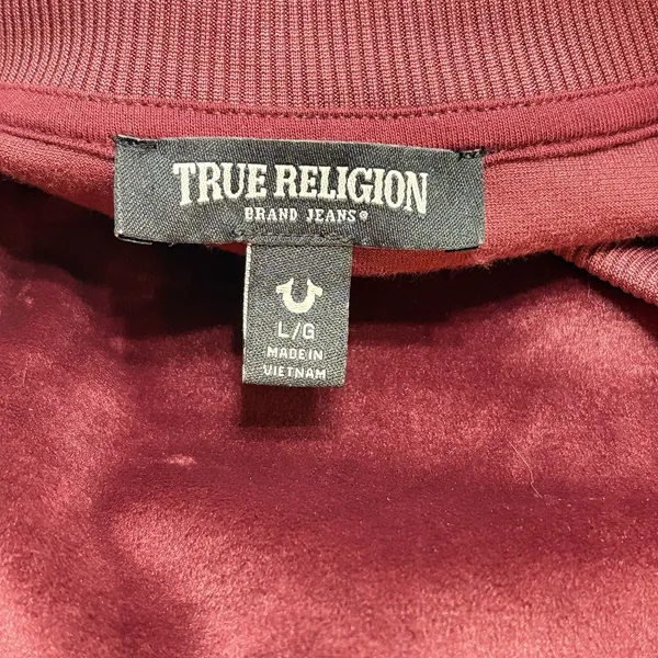 True Religion Women's L Burgundy Velour Cropped Sweatshirt Gold Logo Cuffs - Image 4