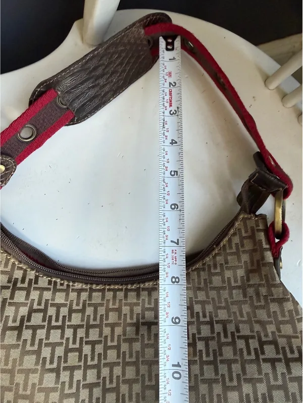 Tommy Hilfiger Brown & Beige Monogram Shoulder Bag with Red Strap - Image 7